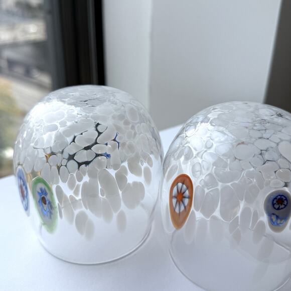 Murano Millefiori Hand Blown Art Glass Stemless Wine Glasses Set of 2 - 3 3/4" - Picture 6 of 9